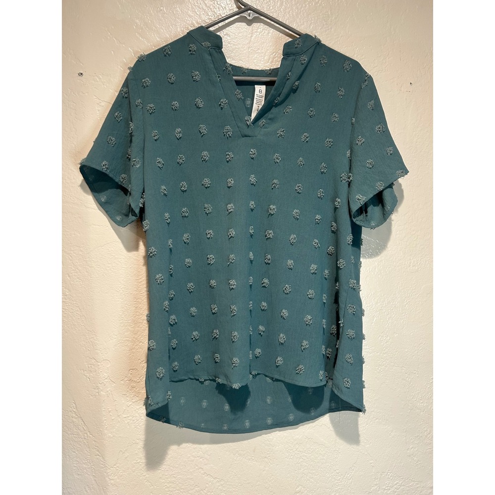 B Womens Teal Swiss Dot Short Sleeve Split V-Neck High-Low Blouse Top Large